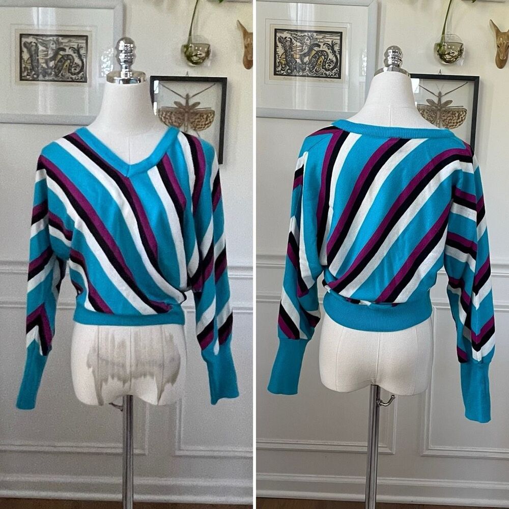 Vintage 80s Top Priority Teal Purple Dolman Sweater M
